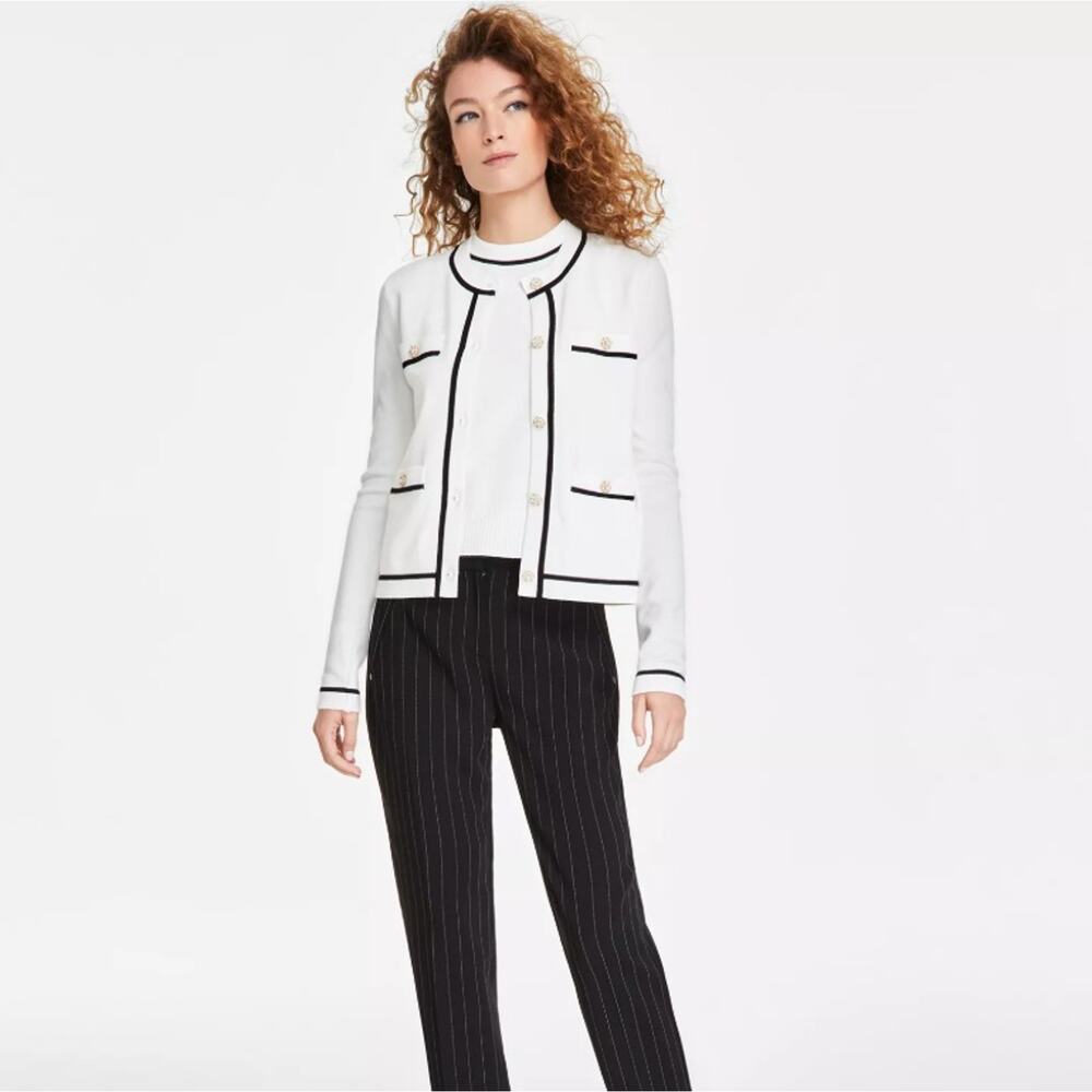 Karl Lagerfeld Paris Women White Knit Rayon Classic Crewneck Cardigan Size XL - Picture 3 of 8